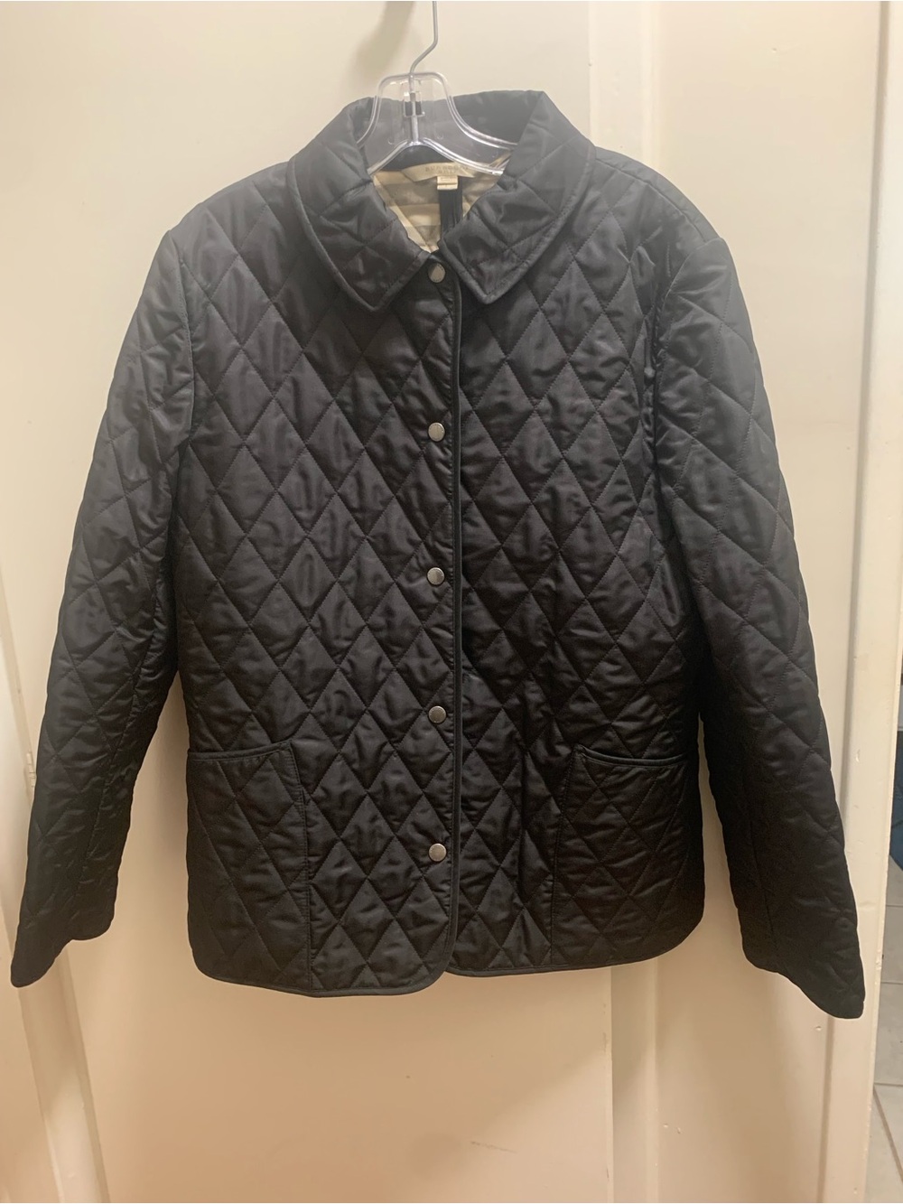 Women’s Burberry Brit England Quilted Black Jacket Coat Nova Check Plaid Lining